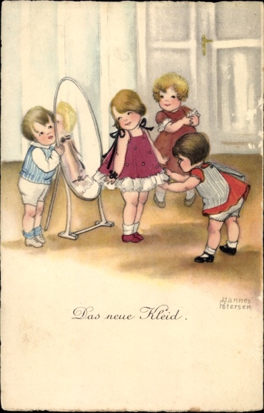 Kunstenaarskaart Petersen, Hannes, De nieuwe jurk, kleine kinderen, albast serie 3518