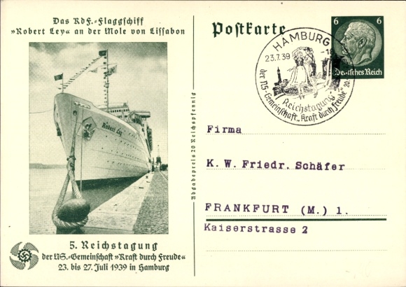 Postwaardekaart briefkaart KDF vlaggenschip Robert Ley, 5e KdF Reichstagung Hamburg 1939