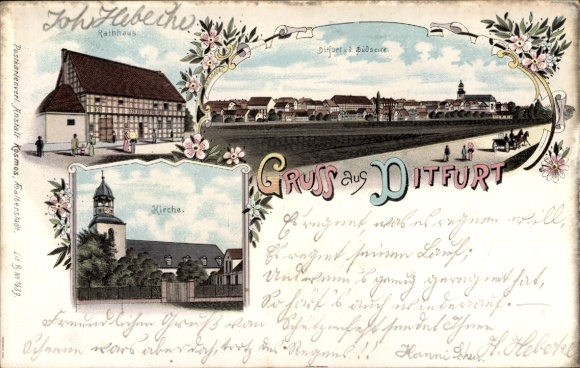 Litho Ditfurt am Harz, Kirche, Rathaus