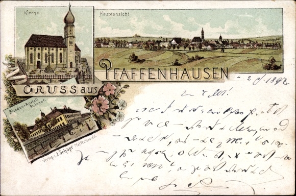 Litho Pfaffenhausen in Bayern, Kirche, Panorama, Blindenanstalt St. Josef