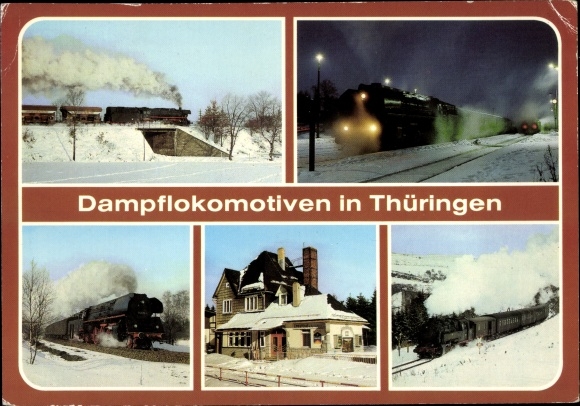 Postcard Weida in Thuringia, steam locomotives in Thuringia, BR 44 with block train, train station, winter