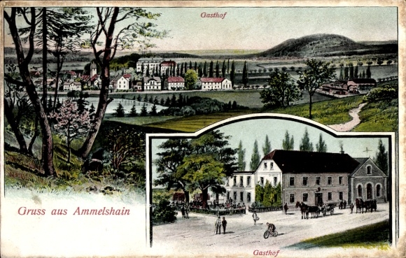 Ak Ammelshain Naunhof bei Leipzig, Landschaft mit Gasthof, Bäume, Hügel, Pferdewagen