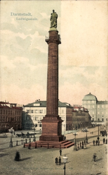 Postcard Darmstadt in Hesse, Ludwigssäule, column with statue, city view, people on the street