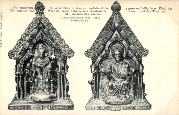 Postcard Aachen, Marian shrine in the Kaiser Cathedral, 4 large shrines, dress of the Mother of God, diaper, apron
