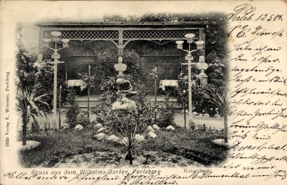 Postcard Perleberg in der Prignitz, beautifully designed garden, statue in the middle, lanterns, plants