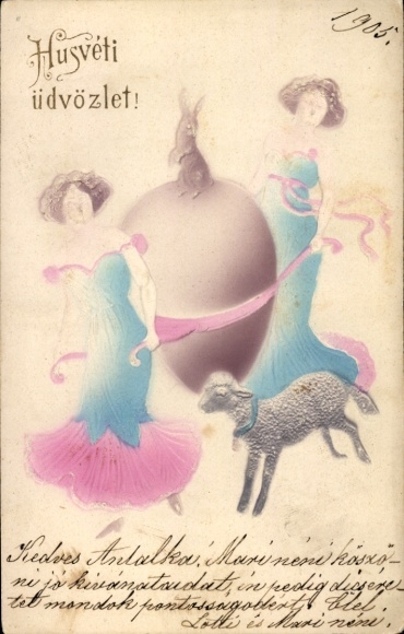 Präge Ak Glückwunsch Ostern, Frauen, Osterhase, Osterei, Lamm