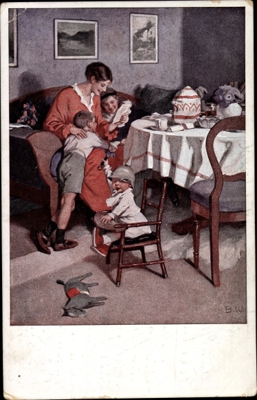 Artist PC Wennerberg, Bruno, Good news from the front, mother and children read a soldier&#39;s letter