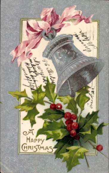 Ak Gefeliciteerd Kerstmis, bel, hulst, strik