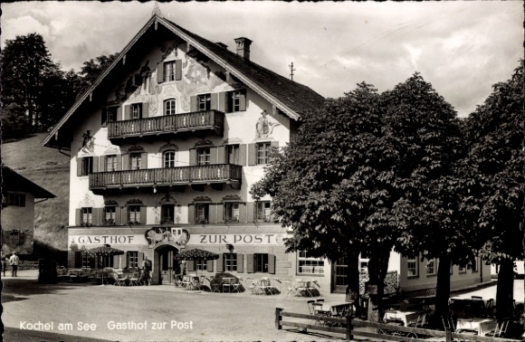 Postcard Kochel am See Upper Bavaria, Gasthof zur Post, Inn, Trees, Tables