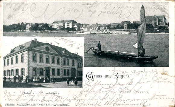 Ak Engers Neuwied am Rhein, Hotel zur Römerbrücke, Gruss aus  Boot auf dem Wasser