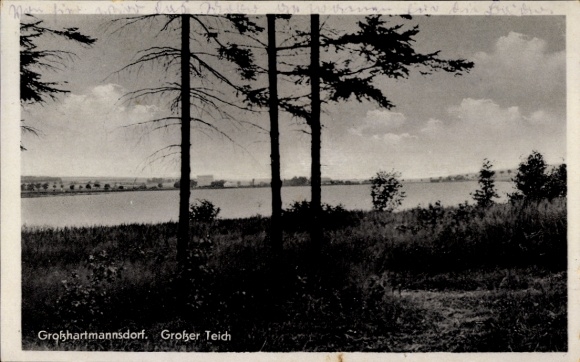 Postcard Großhartmannsdorf in the Ore Mountains, landscape with pond, trees, clouds, -Photo