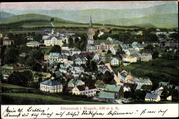Postcard Eibenstock in the Erzgebirge of Saxony, total view of the village