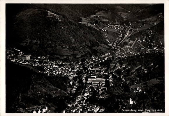 Postcard Schramberg in the Black Forest, aerial view of mountains, houses, landscape