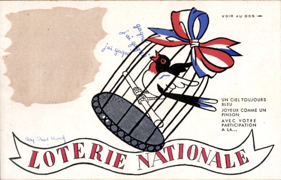 Artist Postcard Loterie Nationale, bird in cage, thermochromic