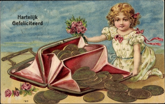 Embossed Postcard congratulations birthday, wallet, coins, girl with bouquet of flowers