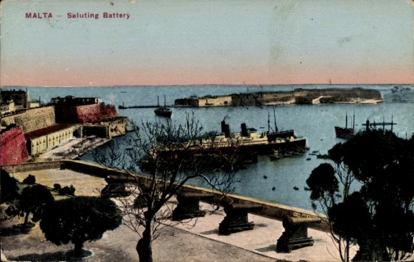Valletta Malta, MALTA Saluting Battery, harbor view, ships in the water, trees in the foreground