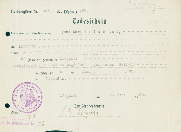 Sterbeurkunde, Paul Kurt Weinacht, 29 Jahre, 5. Juni 1936, Liegnitz