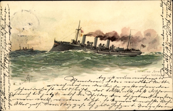 Artist Chromo-Litho Bohrdt, Hans, German warship, SMS Greif, Aviso, Imperial Navy