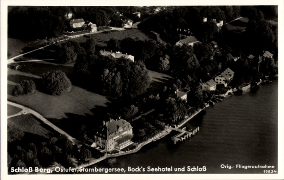 Postcard Starnberg on Lake Starnberg Upper Bavaria, aerial photograph, Berg Castle, Bock's Seehotel