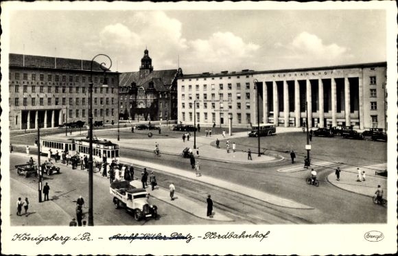 Ak Kaliningrad Königsberg Ostpreußen, Adolf-Hitler-Platz, Nordbahnhof, Straßenbahn, LKW