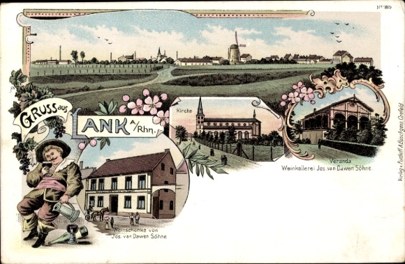 Postcard Lank Latum Meerbusch on the Lower Rhine, general view, church, wine bar Jos. van Dawen, winery