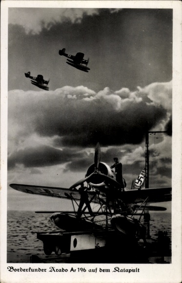 Postcard Borderkunder Arado Ar 196 on the catapult of a warship, Air Force, Navy