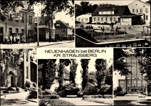 Postcard Neuenhagen near Berlin, culture house, hospital, town hall, station forecourt, Ernst Thälmann Straße