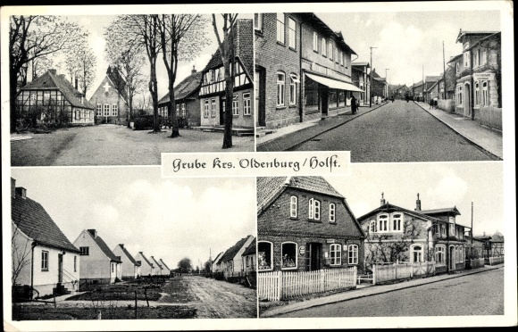 Postcard pit in Holstein, residential houses, road section, settlement, inn
