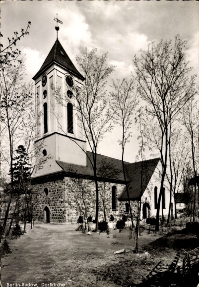 Postcard Berlin Neukölln Rudow, village church