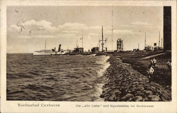 Postcard North Sea resort Cuxhaven, North Sea resort Alte Liebe, signal station, flood
