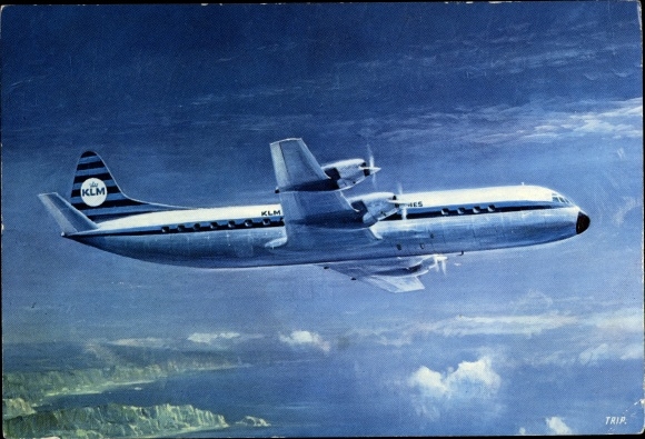 Postcard Dutch passenger aircraft, KLM, Lockheed Prop Jet Electra II