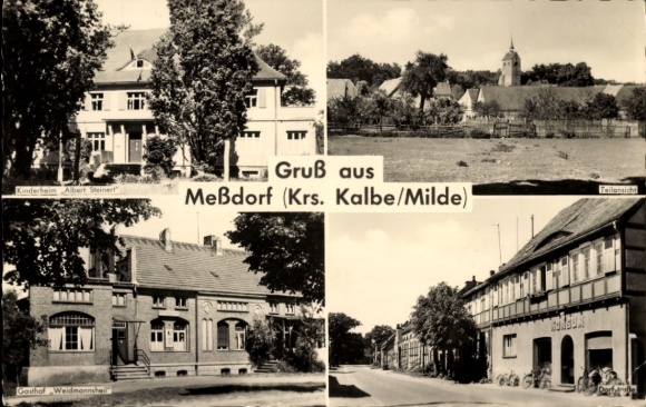 Postcard Messdorf Meßdorf Bismark in the Altmark, Gasthof Weidmannsheil, Children's Home, Konsum