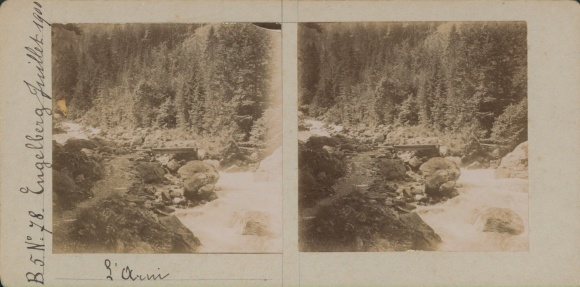 Stereo photo Engelberg Kt. Obwalden Switzerland, landscape, river section, 1900