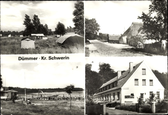 Ak Dümmer in Mecklenburg, Zeltplatz, Alte Bauernhäuser, Dorfstraße, Ferienheim
