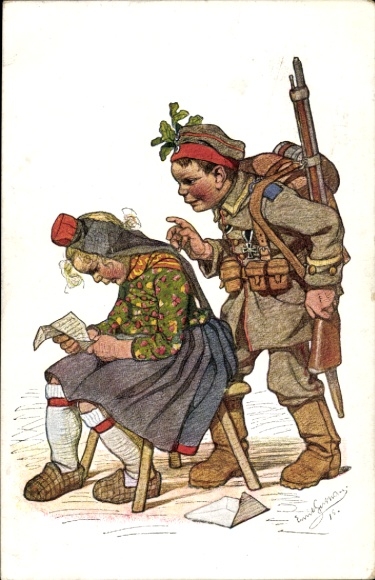 Artist Postcard Beithan, Emil, Hessian costumes, girl reading letter, boy in soldier's uniform