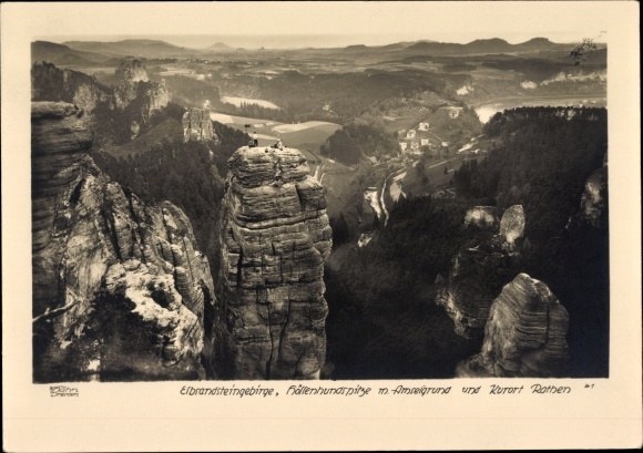 Ak Rathen an der Elbe Sächsische Schweiz, Elbsandsteingebirge, Höllenhundsspitze mit Amselgrund