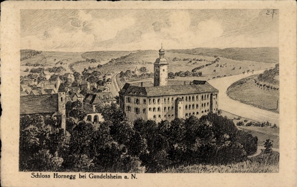 Postcard Gundelsheim am Neckar Württemberg, Hornegg Castle, city view, landscape, river