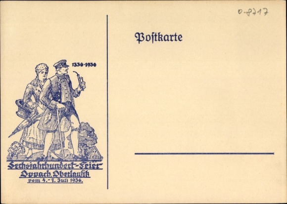 Ak Oppach in Sachsen, Sixth Century Celebration 1936, stel in traditionele klederdracht, pijp