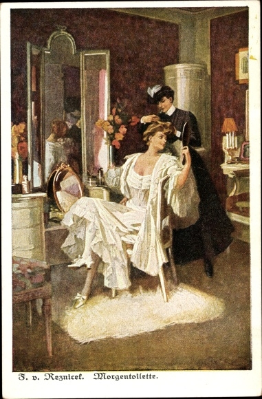Art Nouveau artist PC Rezinicek, Ferdinand von, morning toilet, woman in slip