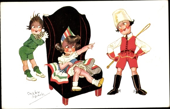 Artist Postcard Spark, C., children, game, armchair, girl as ruler