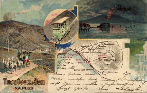Chromo-Litho Napoli Naples Campania, volcano, advertising Thos Cook & Son, funicular