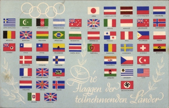 Postcard Olympia Berlin 1936, flags of the participating countries