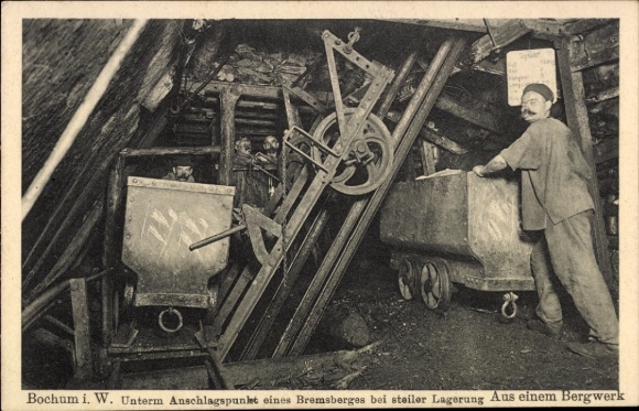 Ak Bochum im Ruhrgebiet, Unterm Anschlagspunkt eines Bremsberges bei steiler Lagerung, Bergwerk