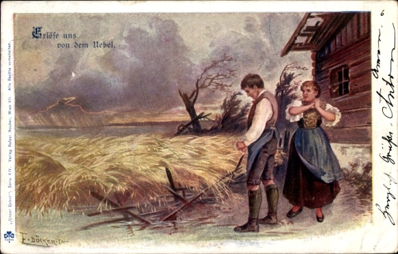 Kunstenaar litho Döcker, E., Biddende boer, boerin, gebed, verlossing en van het kwaad