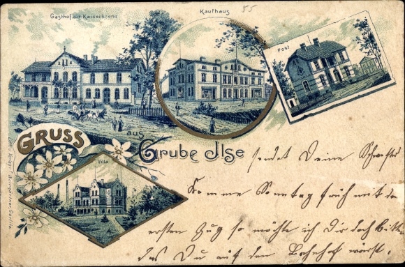 Chromo-Litho Großräschen in Lower Lusatia, Ilse pit, department store, villa, inn at the Kaiserkrone