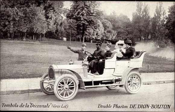 Postcard Tombola de la Decennale, Double Phaeton by Dion Bouton, automobile, driver