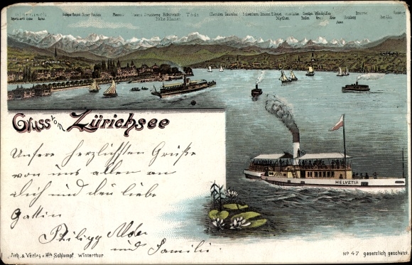 Lithografie Zürichsee Kanton Zürich, panorama