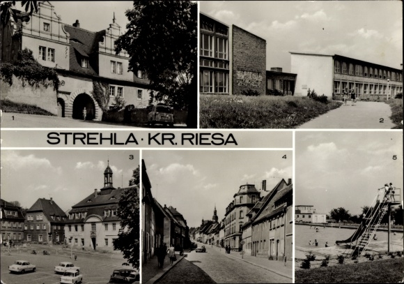 Postcard Strehla on the Elbe Saxony, gatehouse of the castle, Erich Weinert high school, town hall, swimming pool