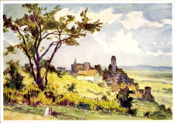 Künstler Ak Neuleiningen in der Pfalz, Blick auf das Bergdorf