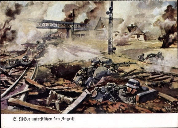 KP artysty Döbrich Steglitz, niemiecki Wehrmacht, pistolety maszynowe wspierają atak